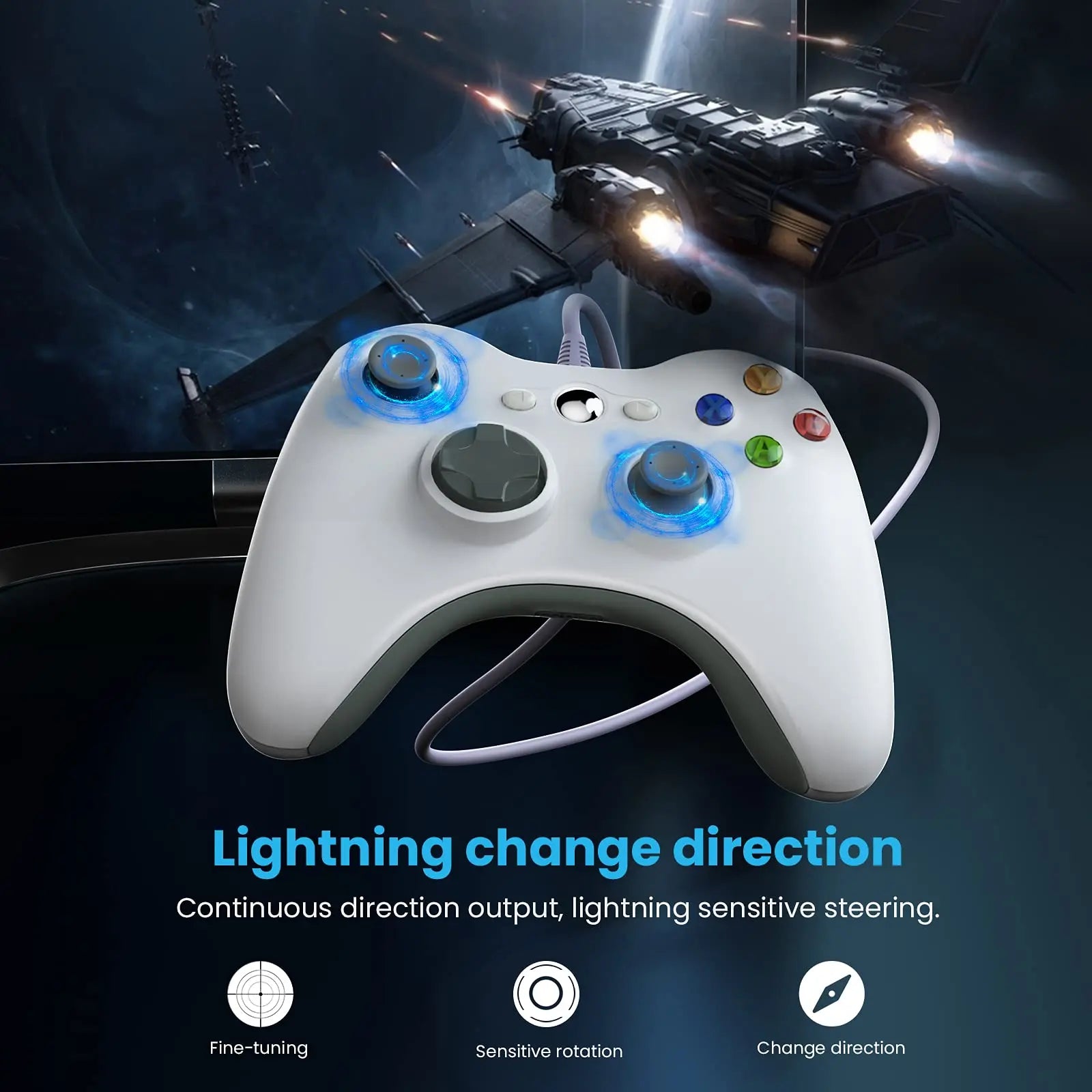 Wired Controller For Xbox 360, Game Controller Dual-Vibration Turbo Compatible With Xbox 360/360 Slim And Pc Windows 7,8,10,11