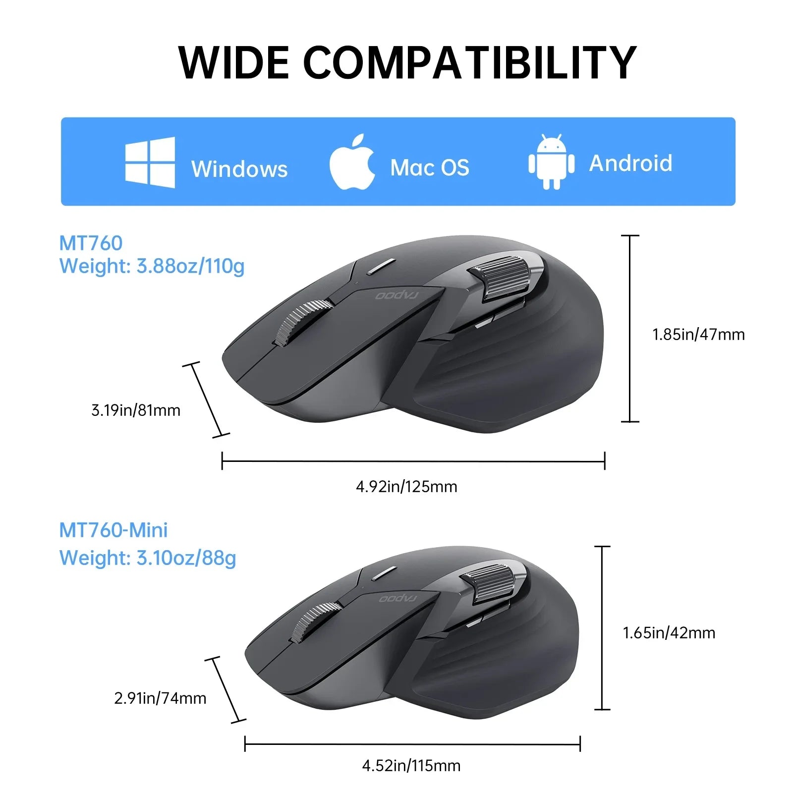 Rapoo MT760L/MT760M Multi-mode Rechargeable Wireless Mouse Ergonomic 4000 DPI Support Up to 4 Devices Bluetooth Mouse