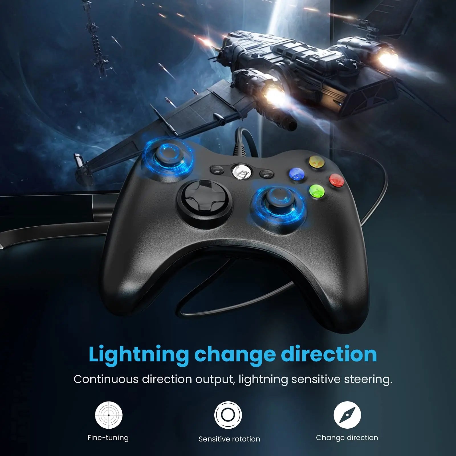 Wired Gamepad For Xbox 360 Game Controller with Dual-Vibration Turbo Compatible X box 360/360 Slim and PC Window Joystick